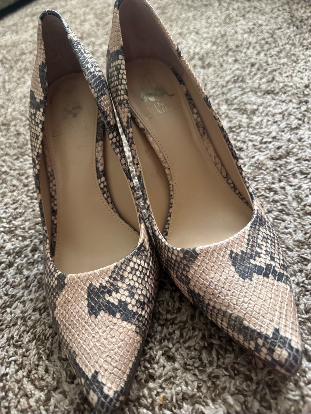 Vince Camuto Snake-Print Pointed Toe Pumps in Beige and Black